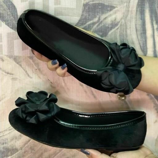 بابت پاپیونی زنانه و دخترانه کفش ونس پاپوش مشکی ساتن پاپیون شیک مجلسی طبی روفرشی رو فرشی مخمل جیر سوییت